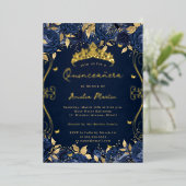 Gouden Navy Swirl Scroll Floral Quinceanera Folie Uitnodiging (Staand Voorkant)