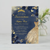 Gouden Navy Vlinder Bloemen Jurk Quinceanera Folie Uitnodiging (Staand Voorkant)