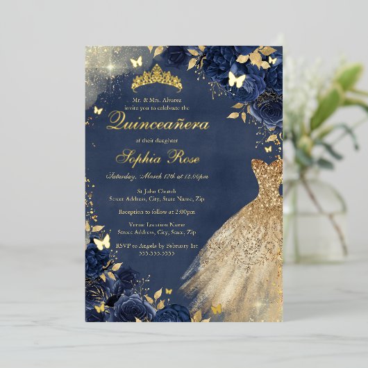 Gouden Navy Vlinder Bloemen Jurk Quinceanera Folie Uitnodiging (Staand Voorkant)