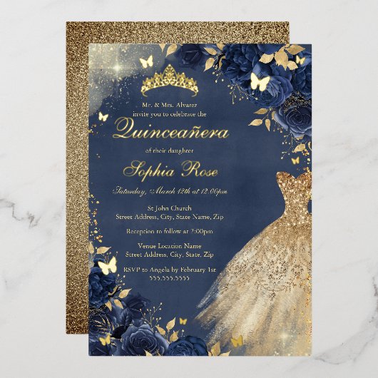 Gouden Navy Vlinder Bloemen Jurk Quinceanera Folie Uitnodiging (Voorkant / Achterkant)