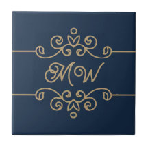 Gouden & Navyblauwe Elegante Bloeiende Monogram