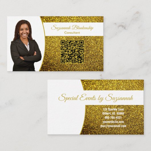 Gouden Nep Glitters, Professioneel Foto & QR Code Visitekaartje (Voorkant / Achterkant)