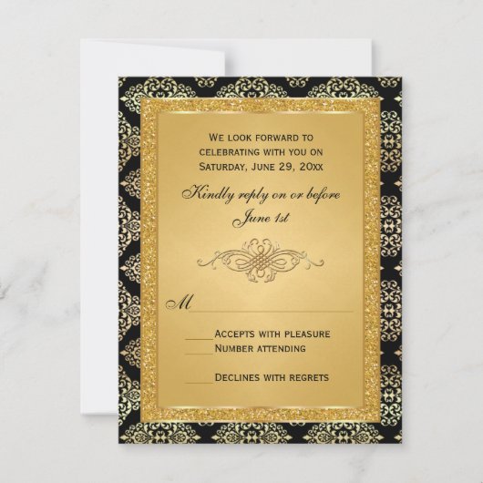 Gouden nepschittering, damast scroll RSVP kaart (Voorkant)