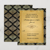 Gouden nepschittering, damast scroll RSVP kaart (Voorkant / Achterkant)