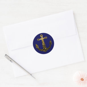 Gouden nepschittering glitters Anker marineblauw Ronde Sticker