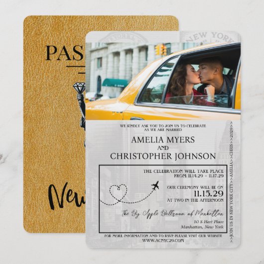 Gouden New York City Passport bruiloft Kaart (Voorkant / Achterkant)