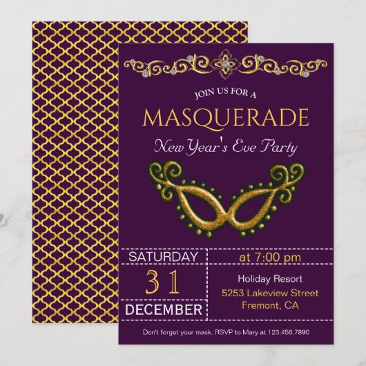 Gouden Nieuwjaarsavond Masquerade Party uitnodigin Kaart (Voorkant / Achterkant)