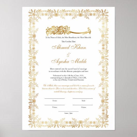 Gouden Nikkah-certificaat voor moslim islamitisch Poster (Voorkant)
