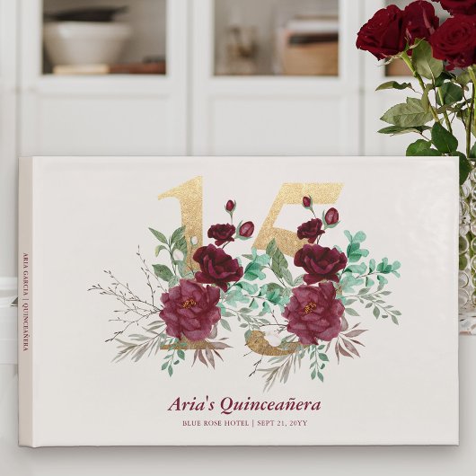 Gouden Nummer 15 Bourgondische Rozen Quinceanera Gastenboek