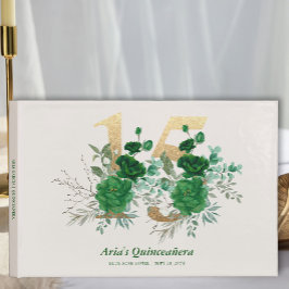 Gouden Nummer 15 Smaragdgroene Bloemen Quinceanera Gastenboek