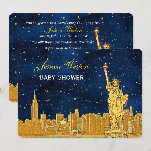 Gouden NYC Skyline #2 Blue Starry H Baby shower Kaart (Voorkant / Achterkant)