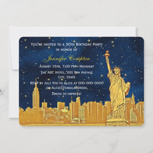 Gouden NYC Skyline #2 Etch Blauw Sterren BG H Verj Kaart (Achterkant)