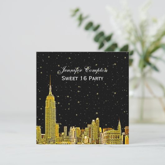 Gouden NYC Skyline geëtst sterrenbeeld DIY BG SQ S Kaart (Staand voorkant)