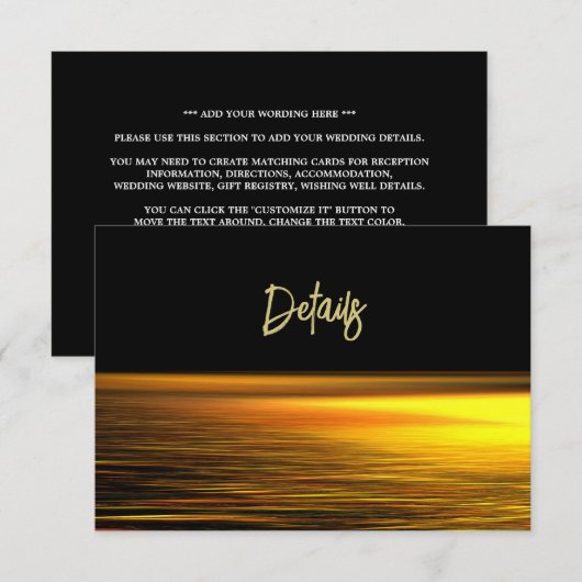 Gouden Oceaan, Elegant Strand Bruiloft Detail Informatiekaartje (Voorkant / Achterkant)