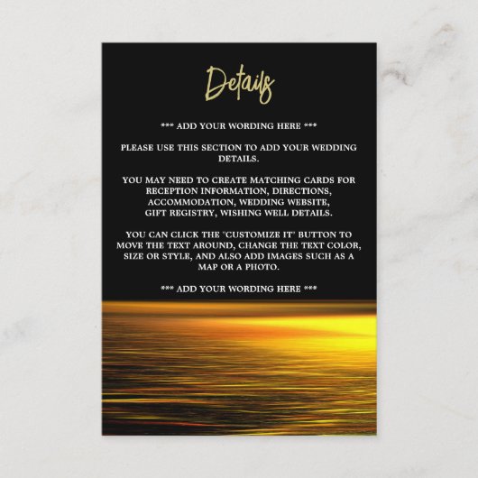 Gouden Oceaan, Elegant Strand Bruiloft Detail Informatiekaartje (Voorkant)