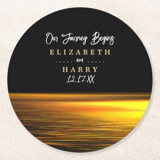 Gouden Oceaan, Elegant Strand Bruiloft Ronde Kartonnen Onderzetter (Voorkant)