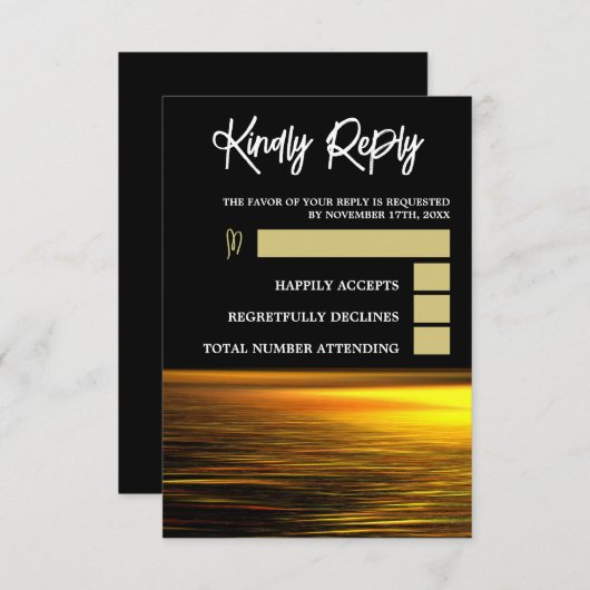 Gouden Oceaan, Elegant Strand Bruiloft RSVP Kaartje (Voorkant / Achterkant)
