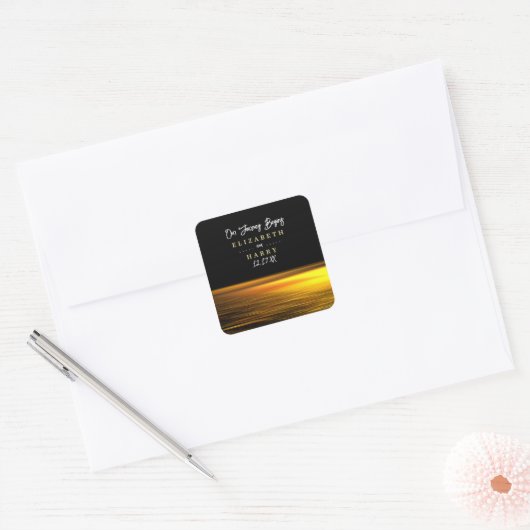 Gouden Oceaan, Elegant Strand Bruiloft Vierkante Sticker (Envelop)