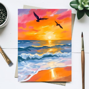 Gouden Oceaan Zonsondergang Aquarel Strand Schilde Briefkaart