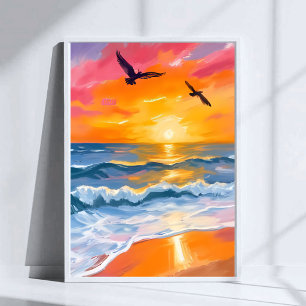 Gouden Oceaan Zonsondergang Aquarel Strand Schilde Poster