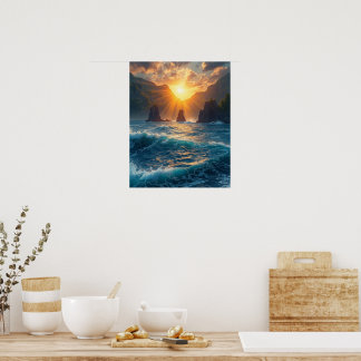 Gouden Oceaan Zonsondergang Berg Kust Natuur Poster