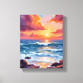 Gouden oceaan zonsondergang | Waterverf Kust Stral Canvas Afdruk
