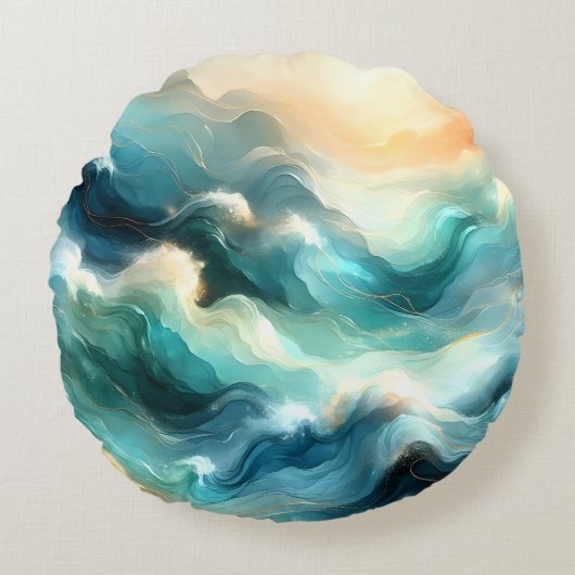 Gouden Oceaangolf Abstracte Golven Rond Kussen (Voorkant)