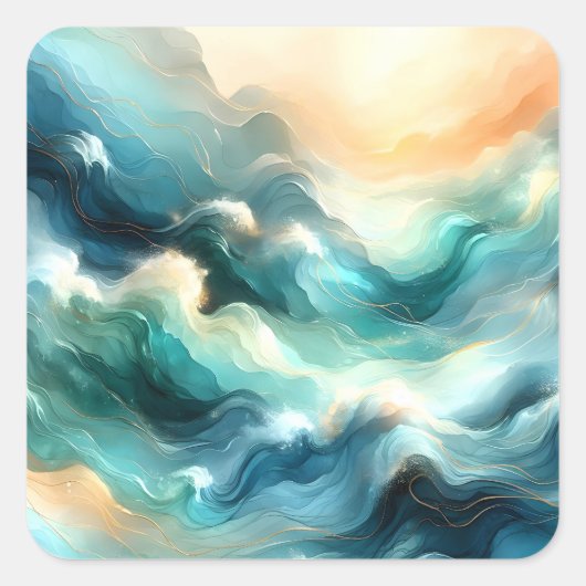 Gouden Oceaangolf Abstracte Golven Vierkante Sticker (Voorkant)