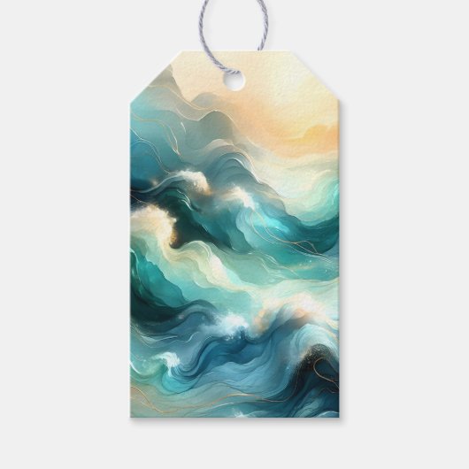 Gouden Oceaanstroom Abstracte Golven Cadeaulabel (Voorkant)