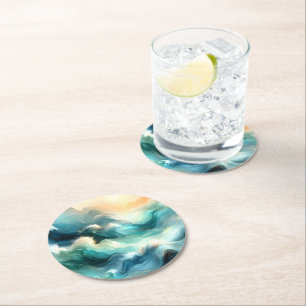 Gouden Oceaanstroom Abstracte Golven Ronde Kartonnen Onderzetter
