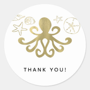 Gouden Octopus & Zee Schelpen Strand Verjaardagsfe Ronde Sticker
