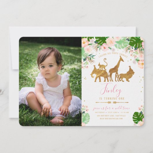 Gouden Oerwoud Dier & Bloemen Foto Verjaardag Uitn Kaart (Voorkant)