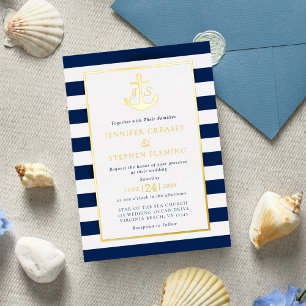 Gouden olievlek Nautical Stripes Anchor Wedding Folie Uitnodiging