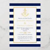 Gouden olievlek Nautical Stripes Anchor Wedding Folie Uitnodiging (Voorkant)