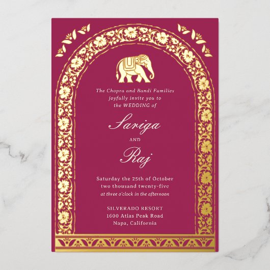 Gouden olifant en lotusbloem Indiase bruiloft Folie Uitnodiging (Voorkant)