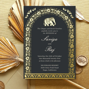 Gouden olifant en lotusbloem Indiase bruiloft Folie Uitnodiging
