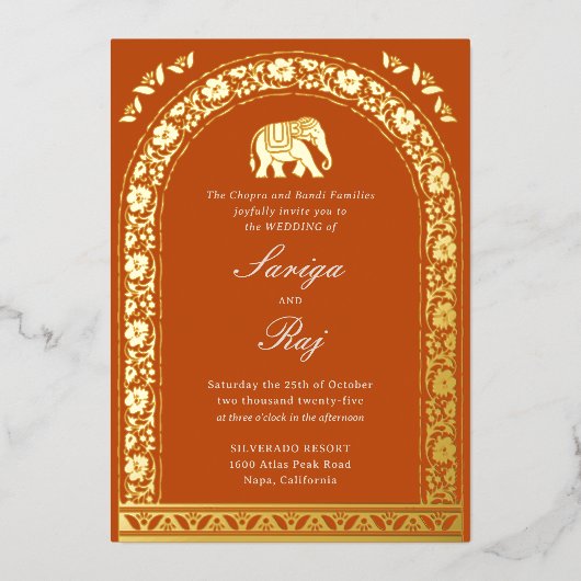 Gouden olifant en lotusbloem Indiase bruiloft Folie Uitnodiging (Voorkant)