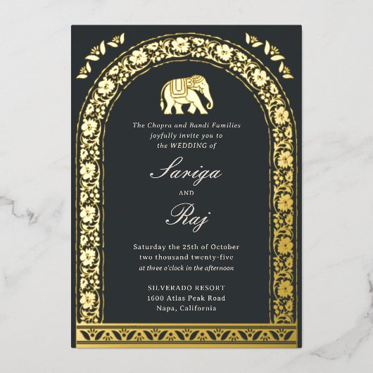 Gouden olifant en lotusbloem Indiase bruiloft Folie Uitnodiging (Voorkant)
