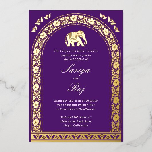Gouden olifant en lotusbloem Indiase bruiloft Folie Uitnodiging (Voorkant)