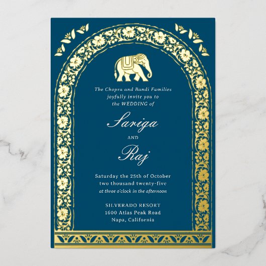Gouden olifant en lotusbloem Indiase bruiloft Folie Uitnodiging (Voorkant)