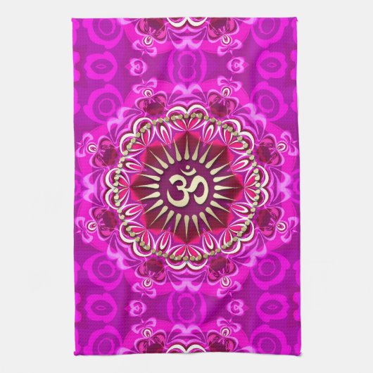 Gouden OM Moderne Roze Bloemen Batik Doek Banner Theedoek (Verticaal)