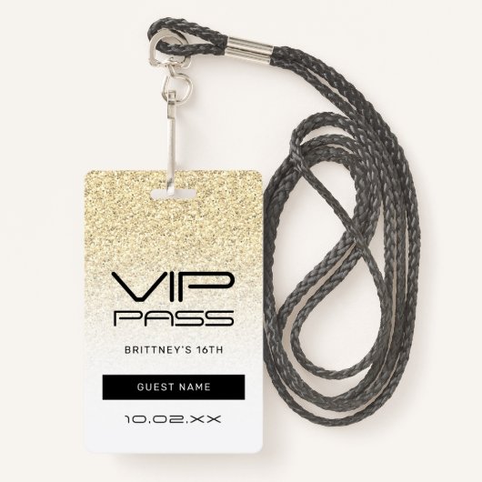 Gouden Ombre Glitter Glam VIP Pass 16e uitnodiging Badge (Voorkant met draagriem)
