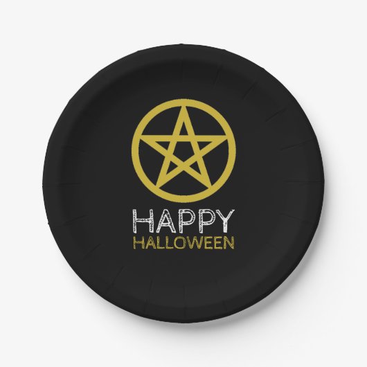 Gouden Omcirkelde Pentagram, Gelukkig Halloween Papieren Bordje (Voorkant)