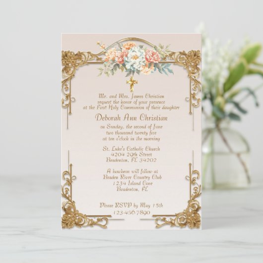 Gouden omlijst Kruis Bloemen Heilige Communie Uitn Kaart (Staand voorkant)