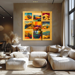 Gouden omrande woestijnkunst raster – Kleurrijk ge Perfect Poster