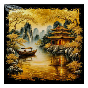 Gouden Oosters meer met een pagode Perfect Poster