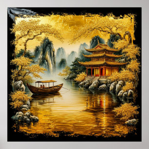 Gouden Oosters meer met een pagode Poster