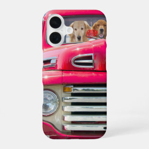 gouden opvrager in de rode retro truck iPhone 16 hoesje