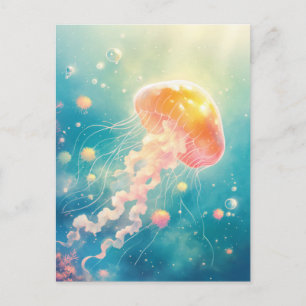 Gouden Oranje Kwallen Gloeiend in Turquoise Oceaan Briefkaart