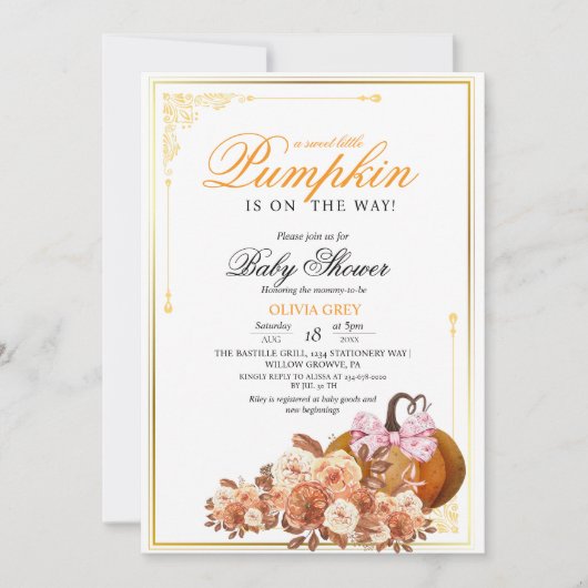 Gouden Oranje Pompoen Bloemige Baby Shower Uitnodi Kaart (Voorkant)